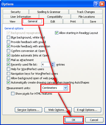 Vào Tool -> Options -> General để chỉnh đổi đơn vị đo trên Word 2003