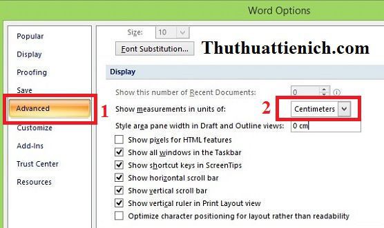 Chọn Advanced trong menu bên trái, sau đó nhìn sang bên phải kéo xuống phần Display, trong phần Show measurements in units of bạn chọn đơn vị là Millimeters